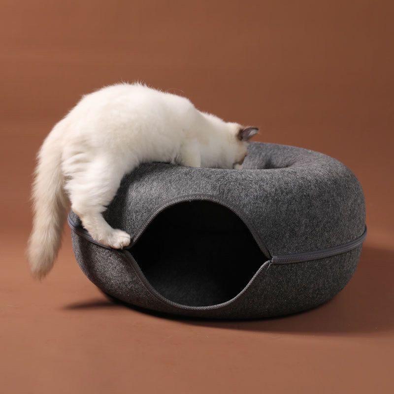 1PC Felt Cat Bed Enclosed Cat Cave with Zipper, Foldable Indoor Cat House, Cozy Donut Shape Pet Bed for Small to Medium Cats
