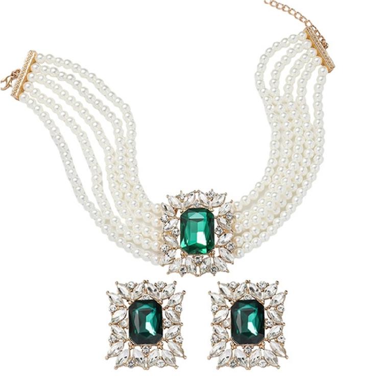 Chic Geometric Design Colorful Crystal Accented Layering Pearls Necklace And Earrings Jewelry Set for Gatherings