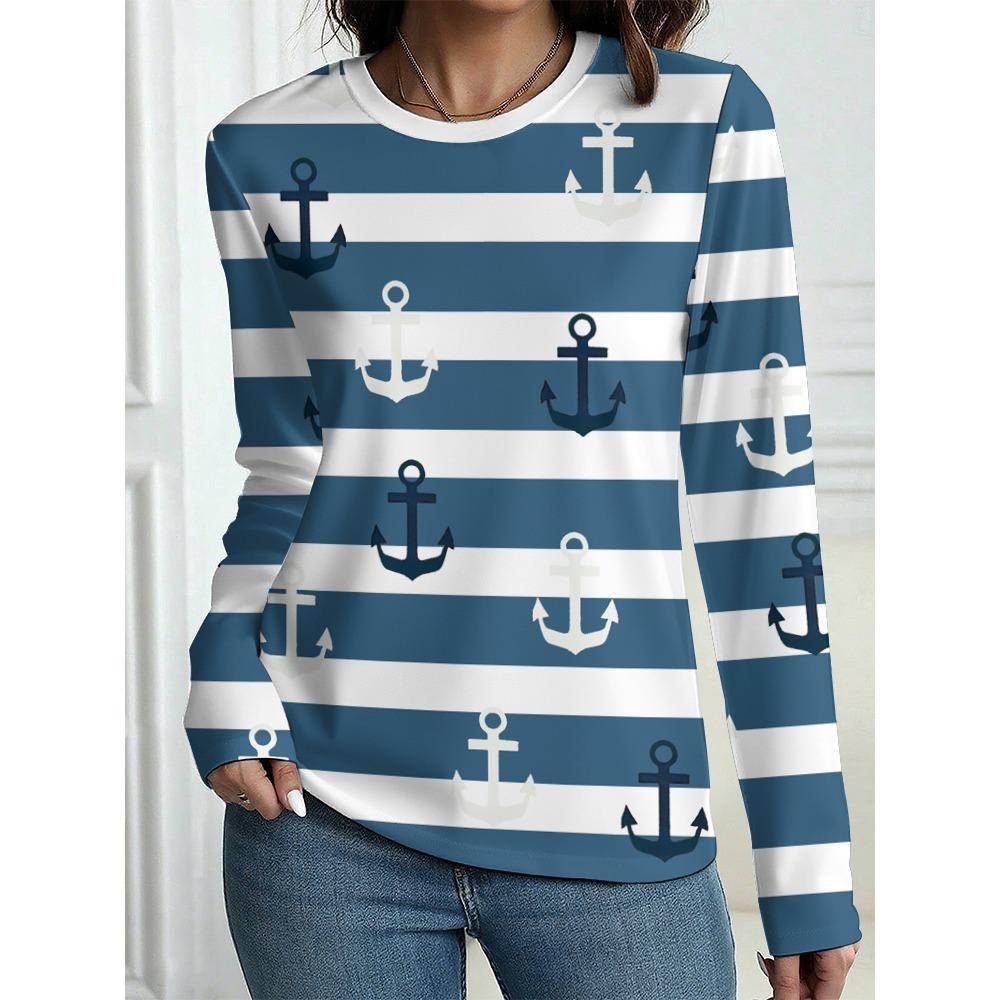 Damen T-Shirt Outdoor Freizeit Langarm Gestreift Anker Muster 3D Druck Oberteile Straße Rundhals Herbst Übergroß Kleidung