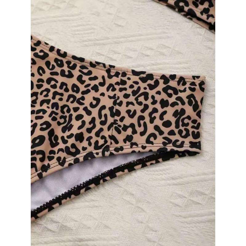 Women's Leopard Print Bandeau Bikini Set High Cut Swimwear With Detachable Strap