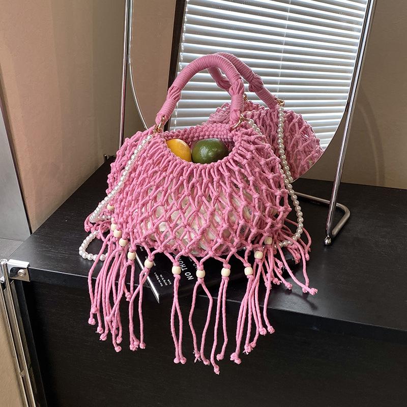 Retro Woven Bucket Bag Bohemian Style Tassel Crossbody Bag Beaded Design Women Niche Pearl Chain Shoulder Bag Beach Vacation Bag