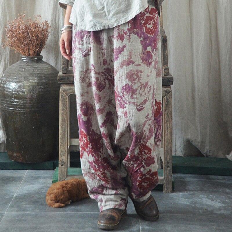 

Johnature женские хлопковые льняные брюки с эластичной резинкой на талии, женские повседневные брюки One Size красный