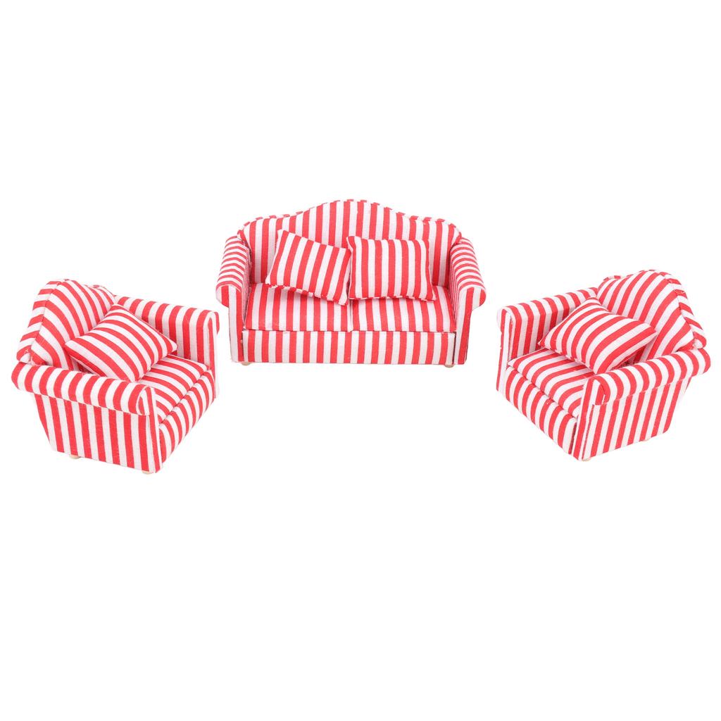 3Pcs   Sofa Set Pine Cloth Double Sofa 2 Single Sofa Light Color Strip  ature Sofa for 1:12 Doll House