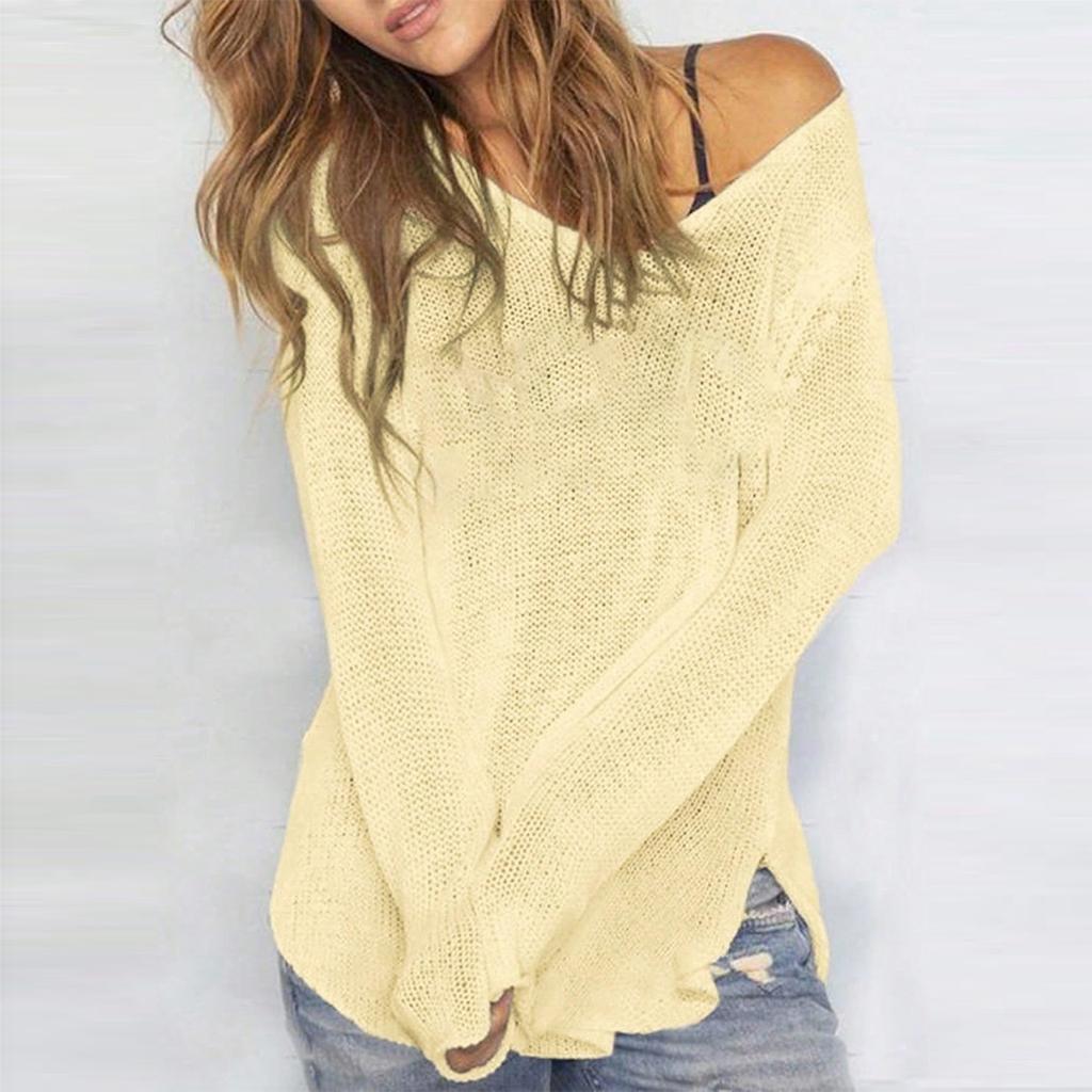 Women V Neck Hollow Out Knit Crochet Sweater Pullover Loose Fit Long Sleeve Lightweight Beach Cover Up Top