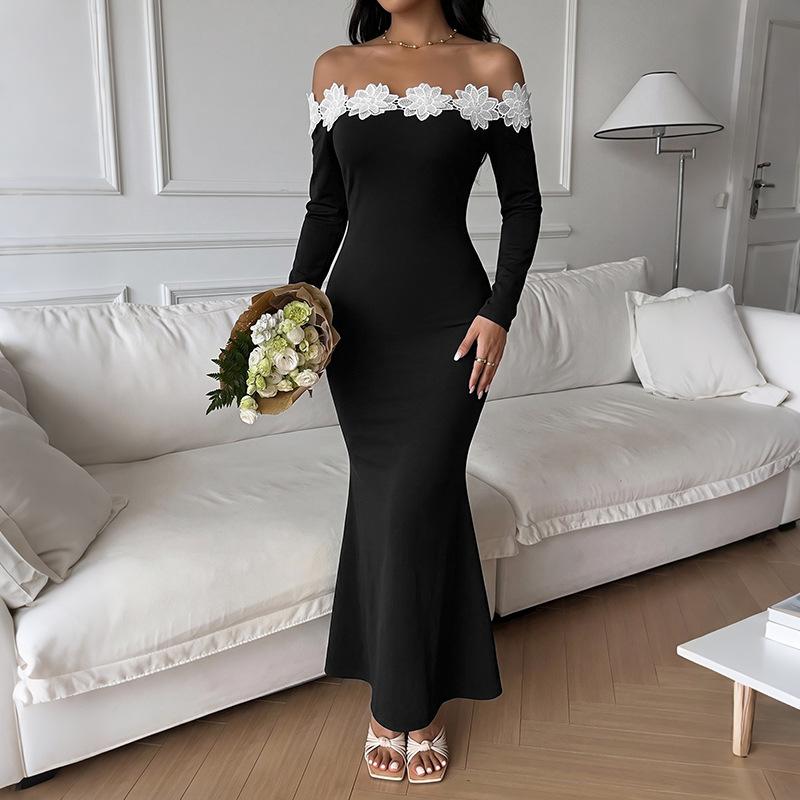 Off Shoulder Mermaid Maxi Dress Black Lace Floral Lace Trim, Off Shoulder Design, Mermaid Fit S