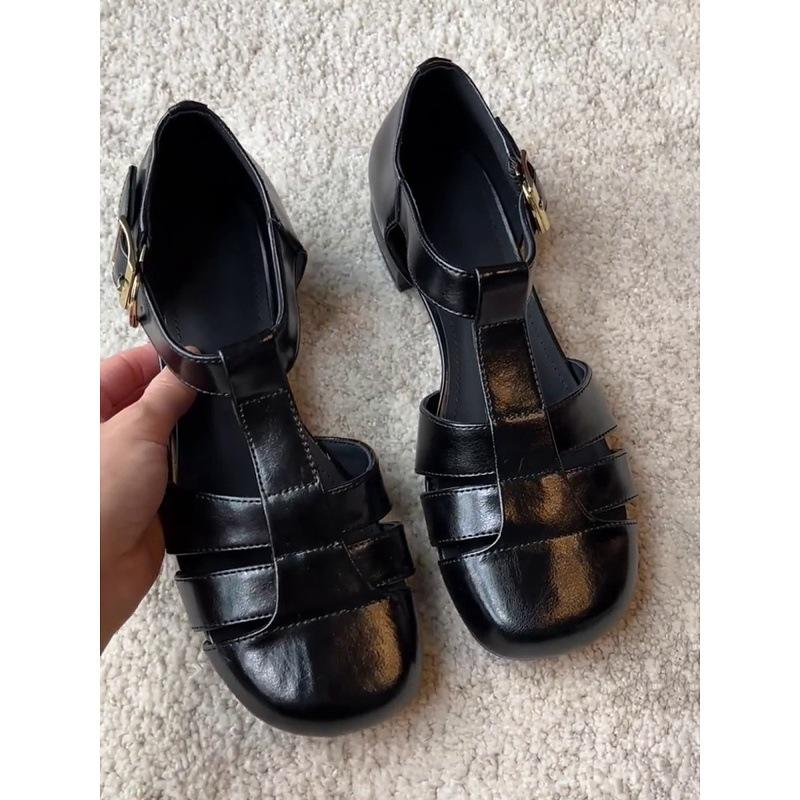 Schafsleder-Version~ Französische Retro-Webart, hohler runder Kopf, römische Sandalen, Damen, vielseitig, mit einem Knopf, niedriger Absatz, Taschenkopf-Sandalen