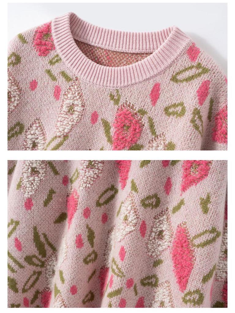 Cashmere Peach Blossom Jacquard Heavy Brushed Sweater, Round Neck, Loose Fit, Thick Wool.
