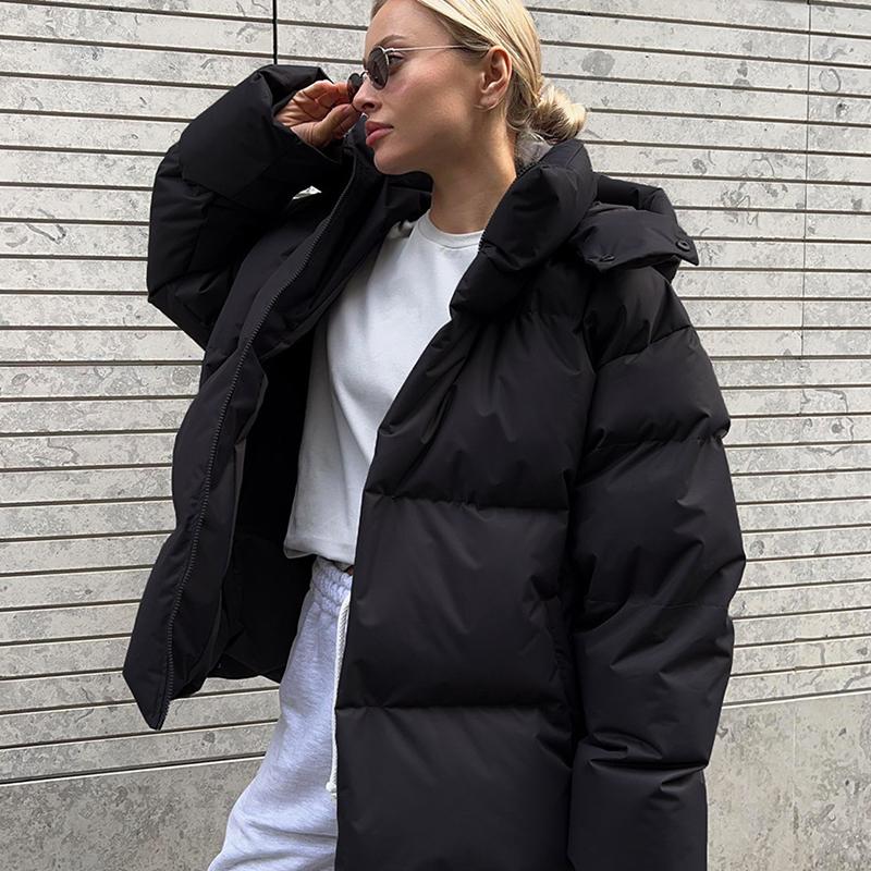Chaqueta de Algodón Acolchado con Capucha Suelta para Mujer Manga Larga Bolsillo Cremallera Chaqueta Abrigo Femenina 2026 Otoño Invierno Casual Sólido Abrigos de Dama