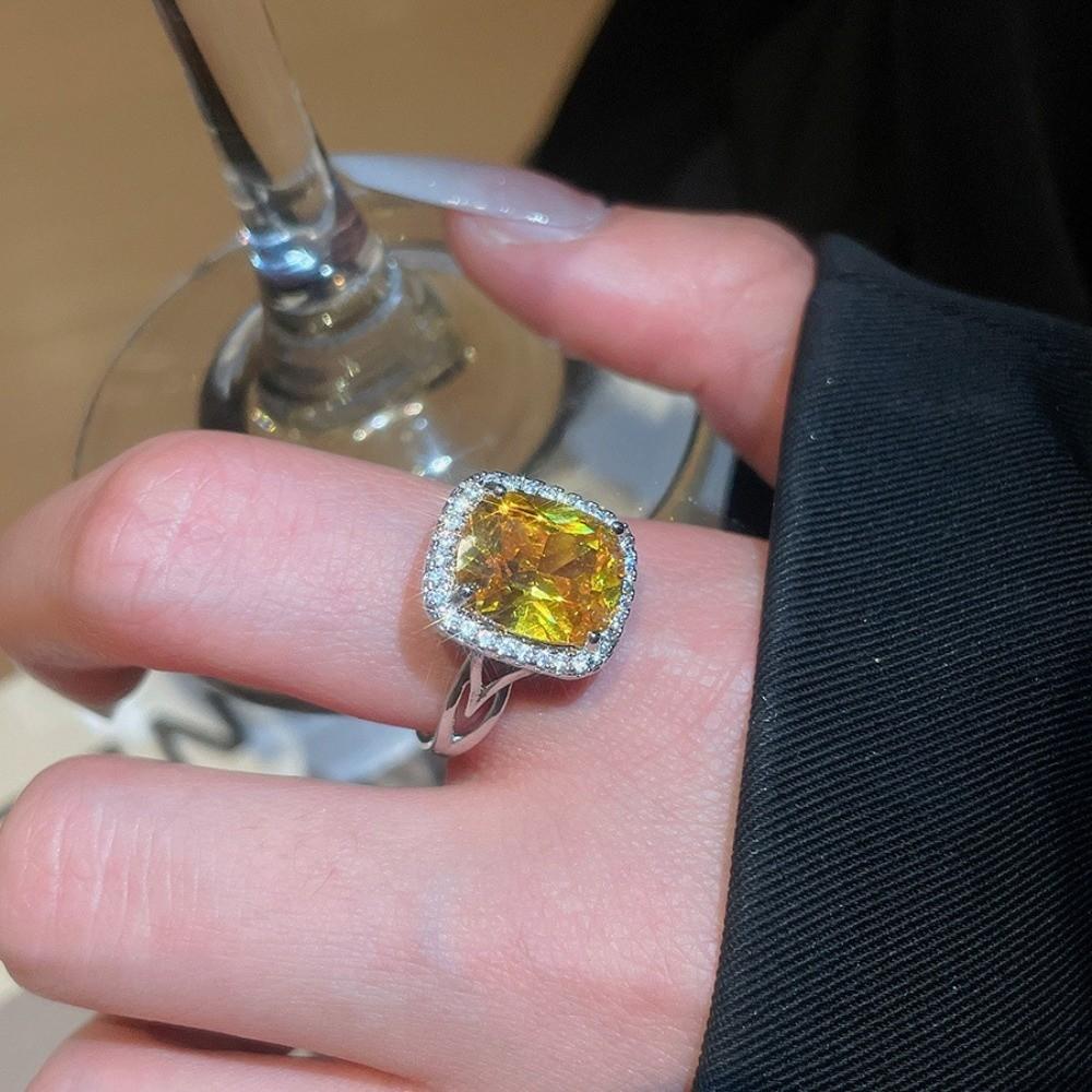 Big Square Crystal Open Ring Zircon Exaggerated Ring Flash Shiny Rhinestone Rings  Women Gift