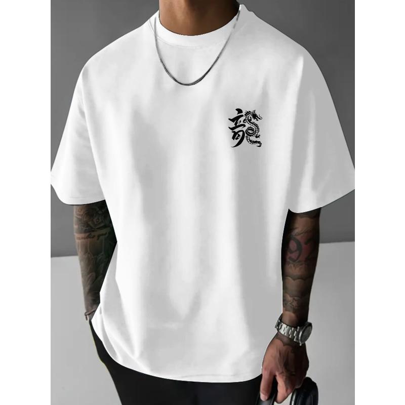 

European sizes YF1022 Dragon Print Casual Breathable Trendy Street Fashion Men s Comfortable Oversized T-Shirt 4XL білий