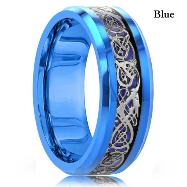 8Mm Men Black Red Stainless Steel Finger Ring Viking Dragon Blue Cubic Zirconia Inlay Finger Ring Nuptial Bridal Band Beveled Edge Comfort FitTrendy