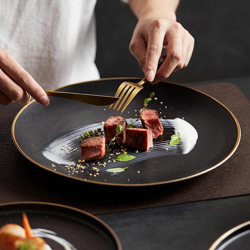 Frosted Black Ceramic Dinner Plate with Gold Border Round Steak Plate Hotel Restaurant Tableware Set Kitchen Utensils Porcelain