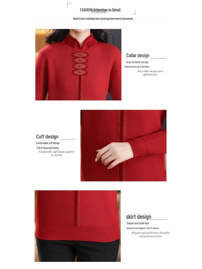 Autumn/Winter Velvet Cheongsam Collar Sweater for Middle-Aged Women - Warm, Stylish Red Top