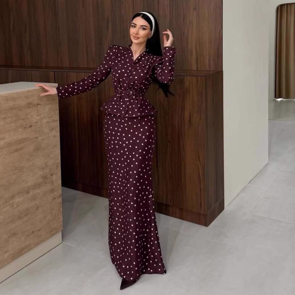 autumn new European and American Amazon cross-border V-neck ruffle edge top floral fishtail skirt set XS