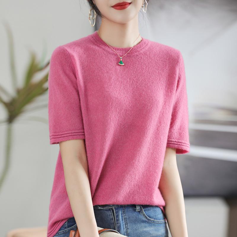 Silk Cashmere Multi-color First-line Ready-to-wear Exquisite Short-sleeved Sweater Spring and Autumn Latest Light Cloud Velvet Short T-shirt