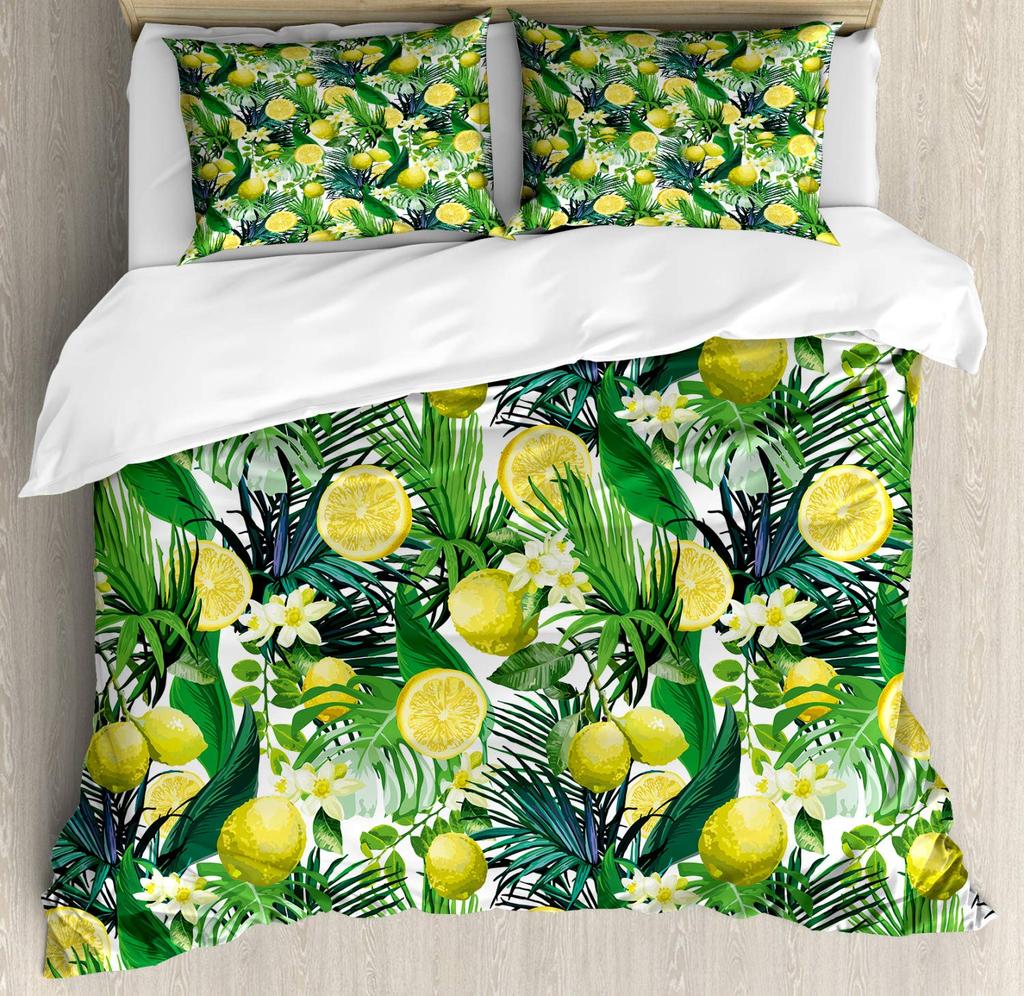 Lemon Duvet Cover Girls Boys Kids Botanical Lemon Pattern Comforter Cover Tropical Fruit Room Decorative Bedding Set With Zipper