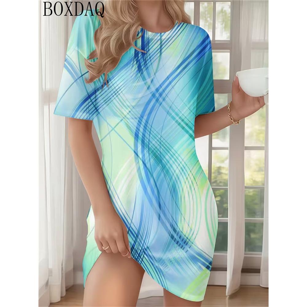 2026 Summer Home Abstract Design Printed Round Neck Short Sleeve Loose Women's Dress