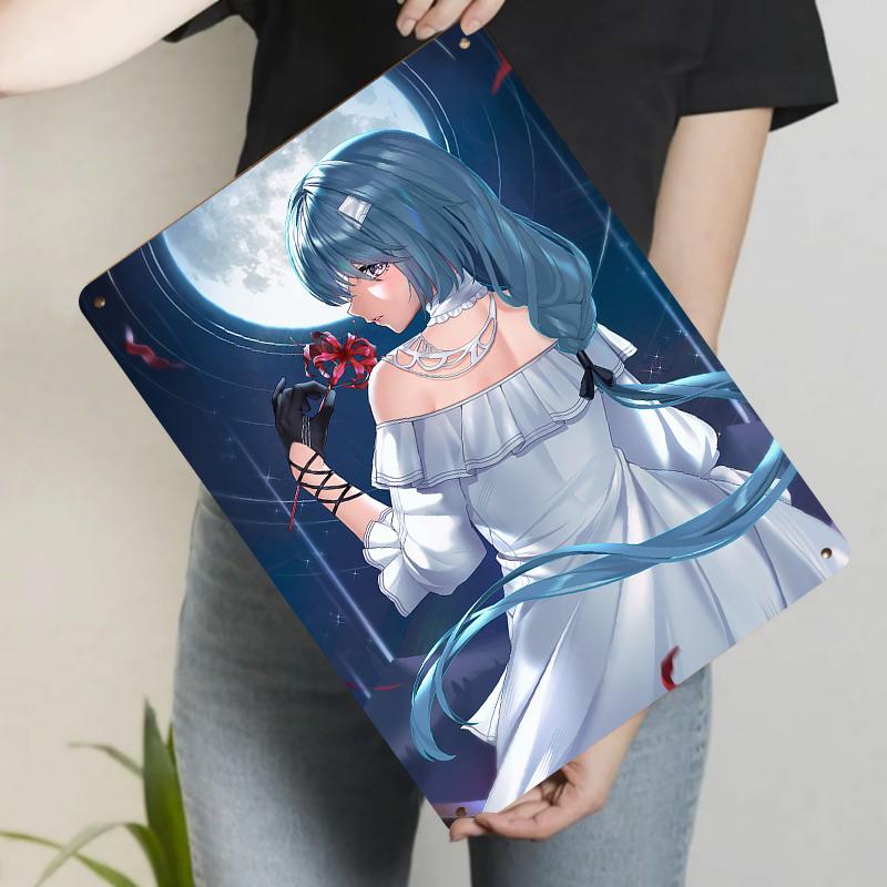 Blue Haired Girl with Red Spider Lily Moonlit Night Metal Wall Art Decor for Living Room Bedroom 20x30cm(7.8x11.8inch)