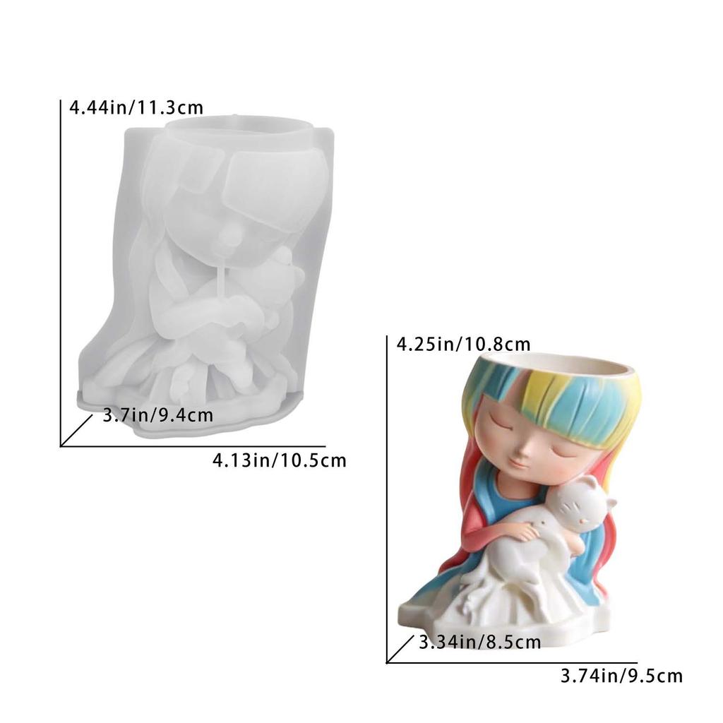 Cute Cat Hugging Girl Flower Pot 3D Silicone Mold for DIY Handmade Crafts Epoxy Resin Candle Plaster Crystal Making Home Decor