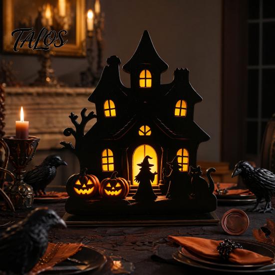 Talos Witch Wooden Table Centerpiece, Spooky Castle Black Cat Standing Tabletop Ornament for Halloween Party, Desk Tiered Tray Decor