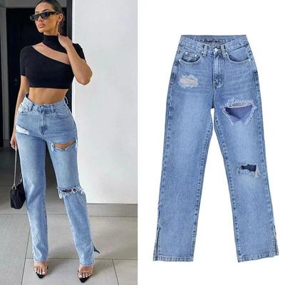 Fashion Street Hipster Straight Pants Women Jeans Split Pants Sexy Cut Out Jeans High Waist Long Trousers Pants 30209