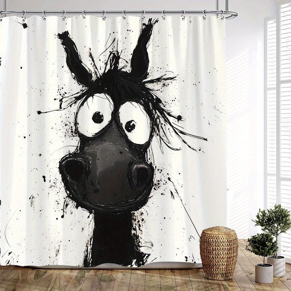 1pc Whimsical Giraffe & Horse Abstract Shower Curtain - Black & White Wild Ink Splatter Design, 70x70 Inch Machine Washable 90x180cm