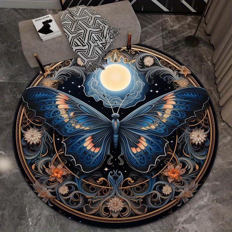 1pc Vintage flower moon butterfly round rug, non-slip, suitable for living room and bedroom, perfect for chairs, crystal velvet