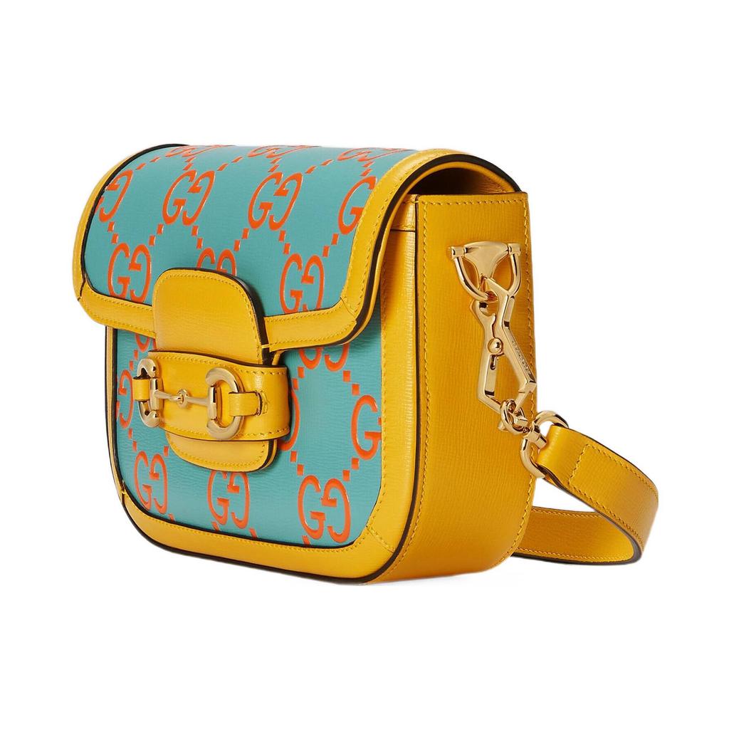 Gucci 1955 Series Vintage Gold Buckle Logo Saddle Bag Leather Crossbody Shoulder Bag Mini Unisex bags Light-Blue Orange 658574-UGMCG-4283