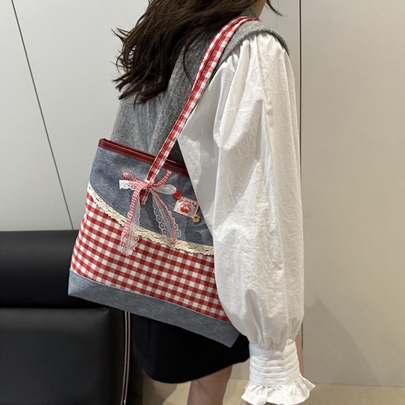 Yogodlns New Simple Style Women's Bag Retro Lattice Casual Plaid Underarm Bag Fashionable Sweet Bowknot Large Capacity Shoulder Totes