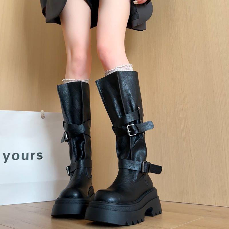 Fashion versatile retro belt buckle locomotive boots 2025 autumn new women's small thick-soled heightening knight boots