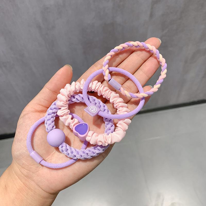 5/10pcs/Set Simple Heart Ball Charms Scrunchie No Damage Elastic Braided Hair Ties Ropes Women Girls Ponytail Holder Rubber Band