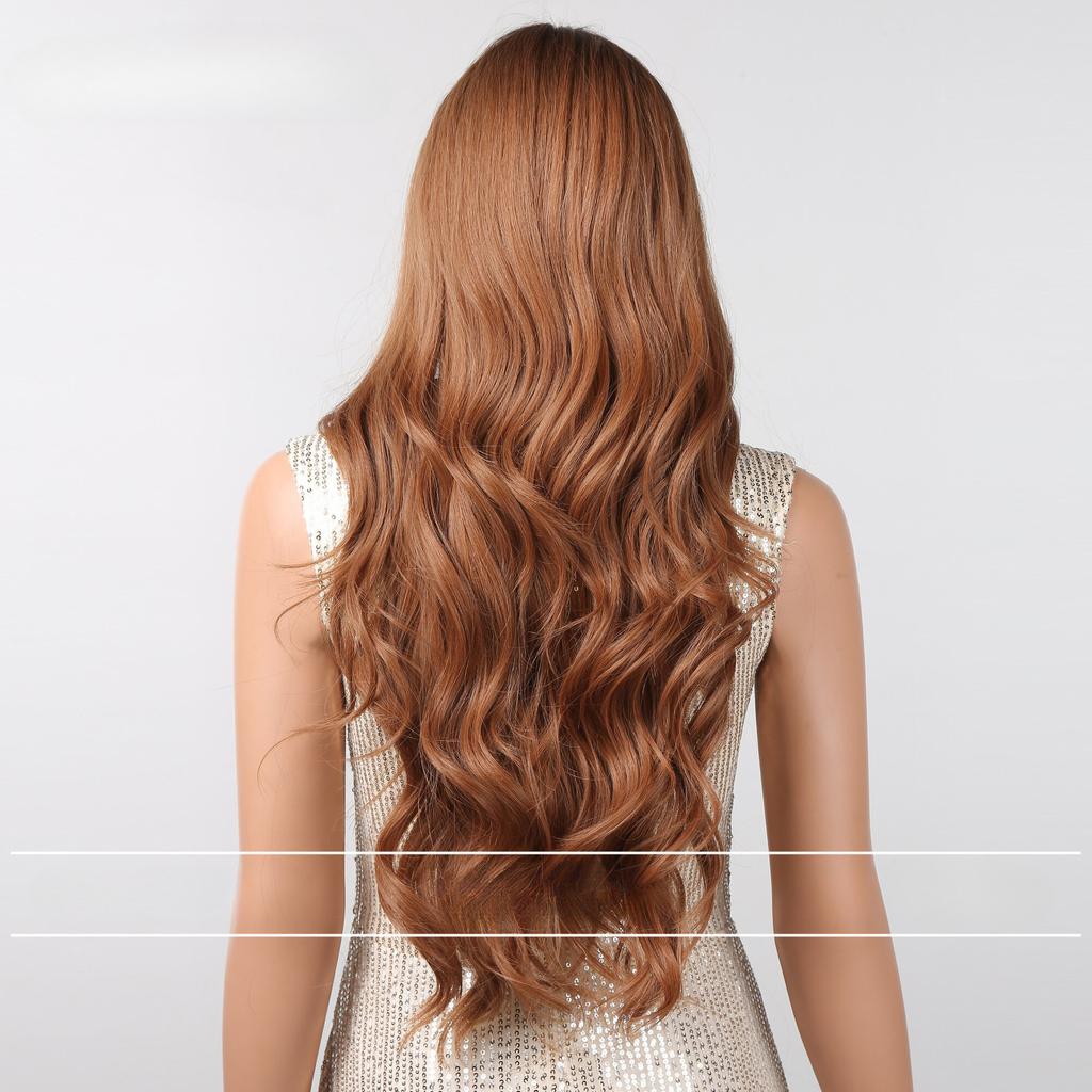 Temperament New Wig, Qi Bangs Golden Brown Big Wavy Long Curly Hair Simulation Natural Chemical Fiber Wig Cover