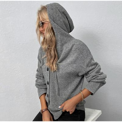 Women's Casual and Fashionable Knitted Cardigan Long Sleeved Hooded Drawstring Single Breasted Sweater Coat