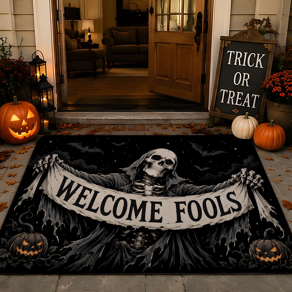 Dark Skeleton Halloween Banner Signs Floor Mat Festive Decorative Flannel Non-Slip Washable Mat for Entry & PartyParty-Ready
