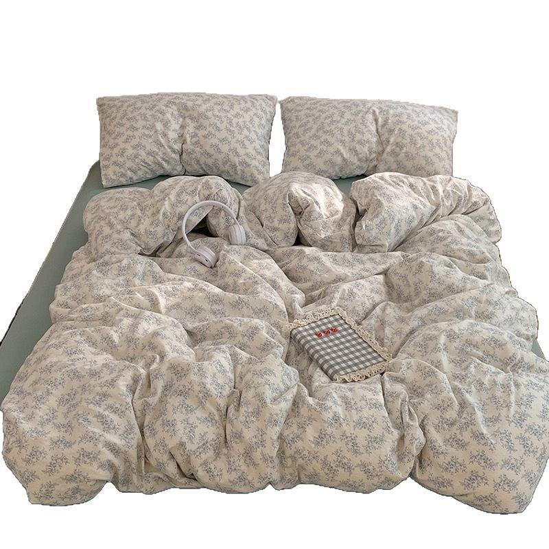 4 Piece Bedding Set Double Layer Gauze Quilt Cover Bed Sheet Pillow Cases Student Duvet Cover Fitted Sheet Soft Comfortable Bedding Set