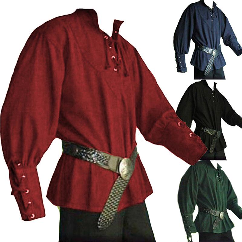 European and American Men's Retro Medieval Lace-Up Long Sleeve Loose-Fit Shirt