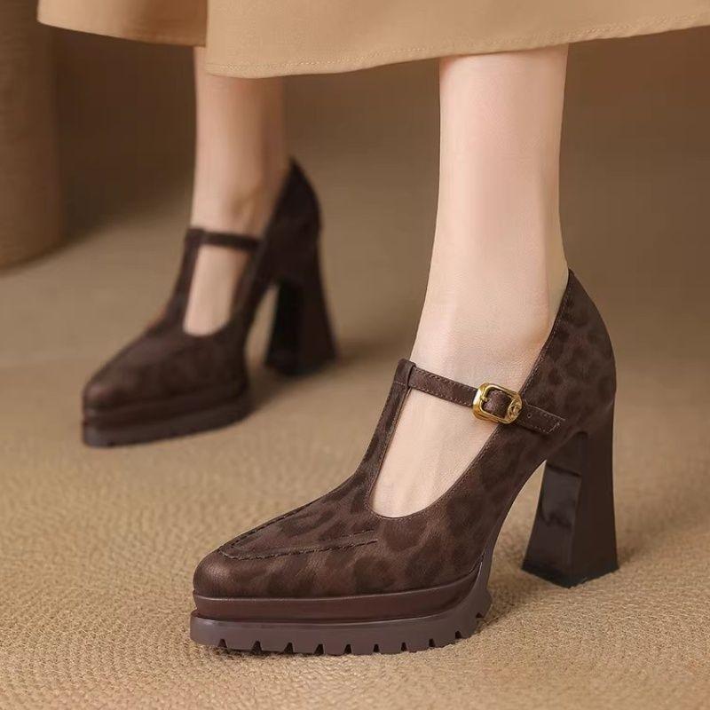 Fashion Versatile High Heels Women Fall 2025 Pointed Toe Platform Block Heel Work Shoes Shallow Mouth Leopard Fashion Single