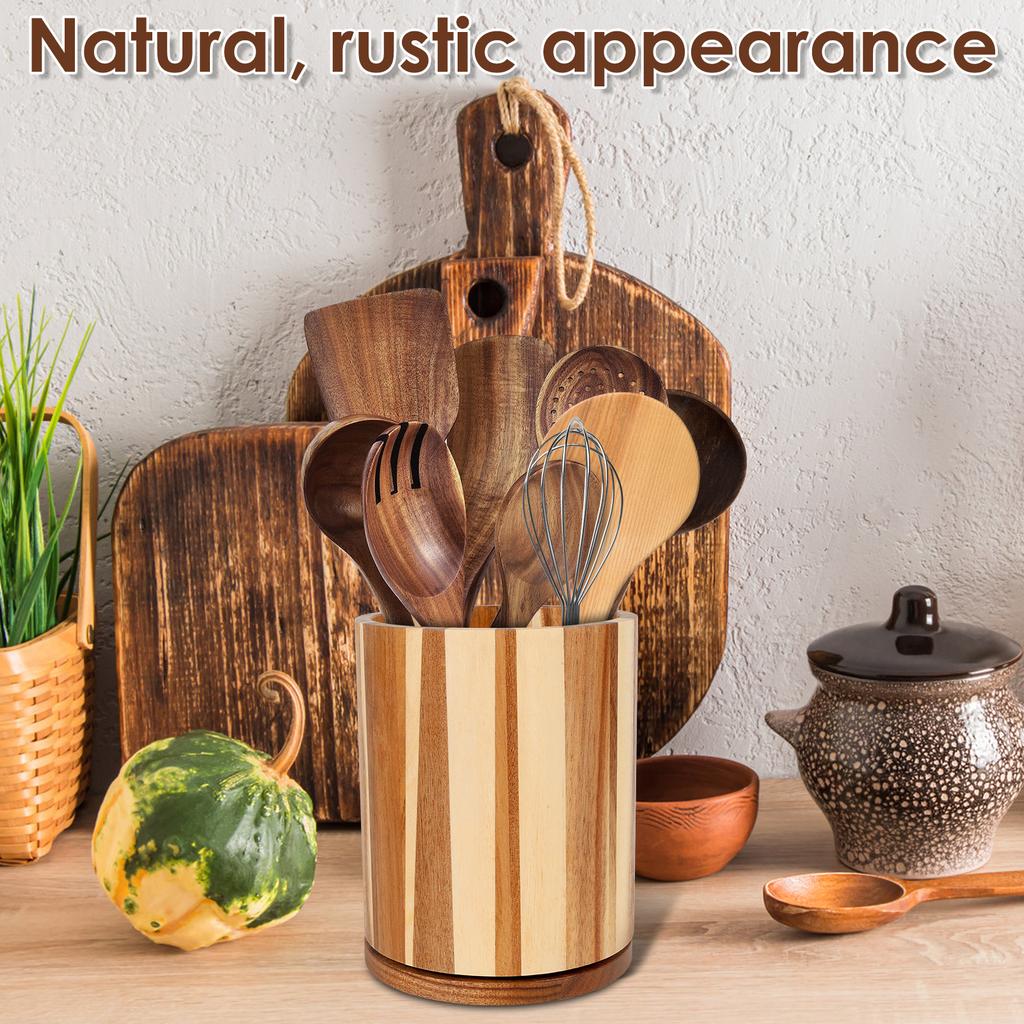 360° Rotating Wooden Utensil Holder Cooking Utensil Crock Waterproof Kitchen Cutlery Organizer for Countertop Utensil Holder