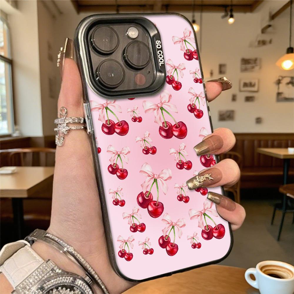 Cherry and Bow Pattern Shockproof Phone Case for Iphone 16 15 14 13 12 11 Pro Max/Mini Anti-Scratch Premium Hard Cover