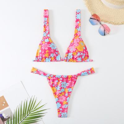 2Pcs/Set Women Sexy Bikini Set Floral Print V-neck Bra High Waist Briefs Set Quick Drying Swimsuit Reversible Beachwear