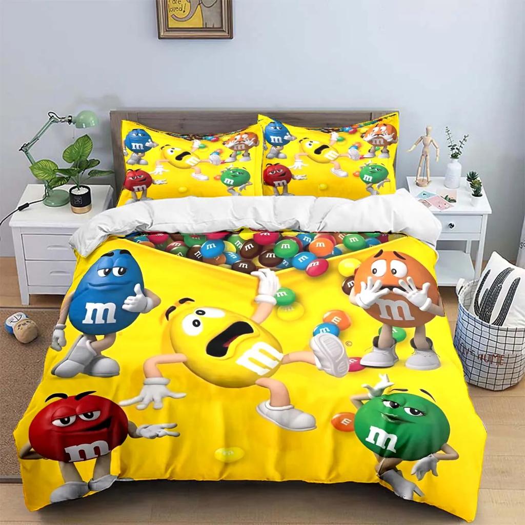 Set di biancheria da letto con stampa del logo del cioccolato M&M alla moda, set di biancheria da letto squisito, set copripiumino, set di piumoni, set di biancheria da letto, regalo per bambini