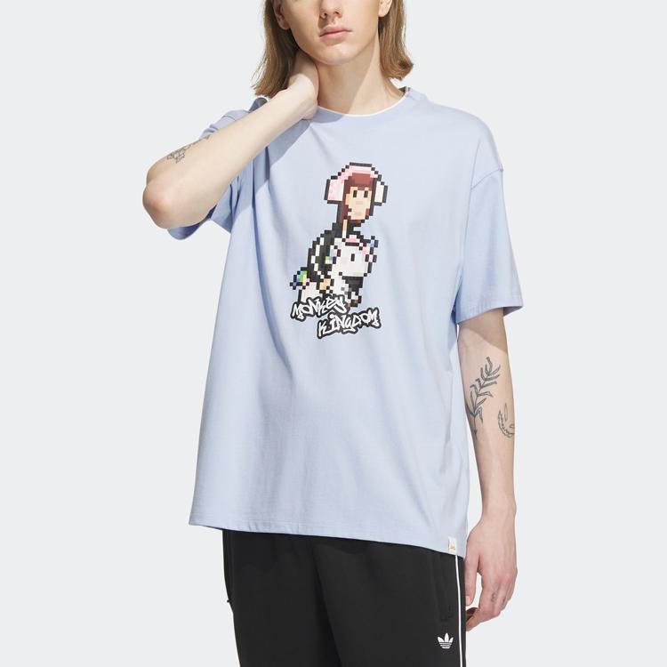 Adidas Originals Monkey Kingdom Co-Branded Series Graphic Tee With Mosaic Cartoon Print Unisex Tops Light-Pink Blue IP1799