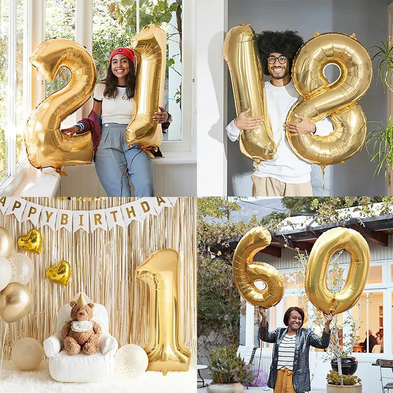 1PCS 40 Inch Large White Gold Light Gold Digital Foil Balloon for Girls' Birthdays Helium Big Number0-9 Balloon Decoration