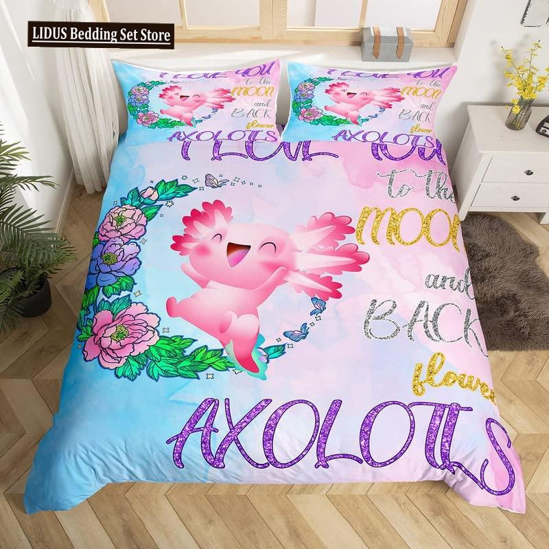 Cute Axolotl Duvet Cover Set Full Size Cartoon Salamander Bedding Set Kawaii Animals Comforter Cover Constellation Black Decor