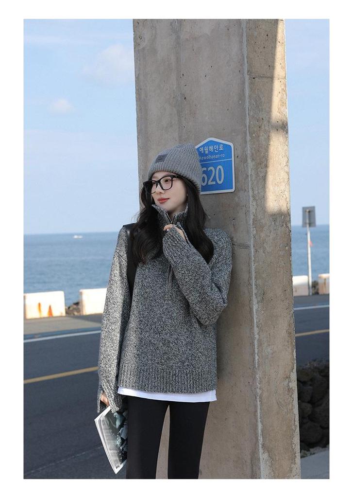Women's Korean Style Half-Zip Stand Collar Pullover Sweater - Soft, Loose Fit for Autumn/Winter