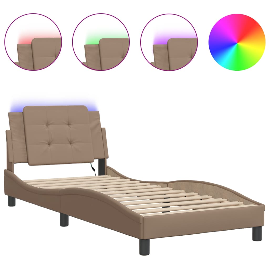 Vidaxl Bed Frame With LED, Color Cappuccino, 90X190 Cm, Faux Leather