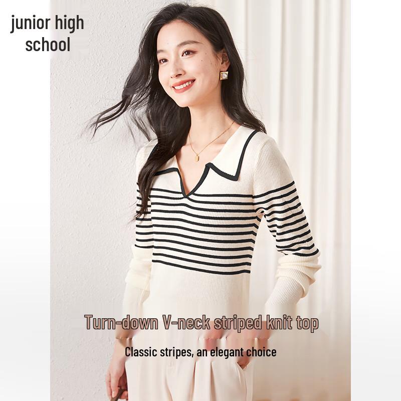 Women's French Stripe Wool Blend V-Neck Knit Sweater