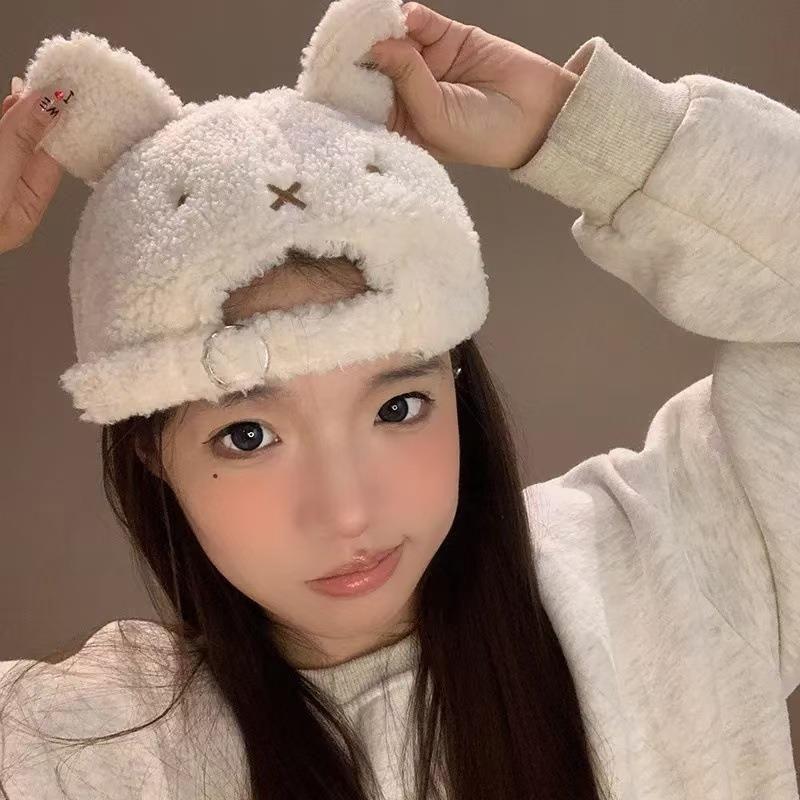 

Two-Piece Baseball Cap Cute Rabbit Ears Lamb Plush Bonnet Children Winter Warm Make Your Face Look Smaller Brim Hat White Default Item
