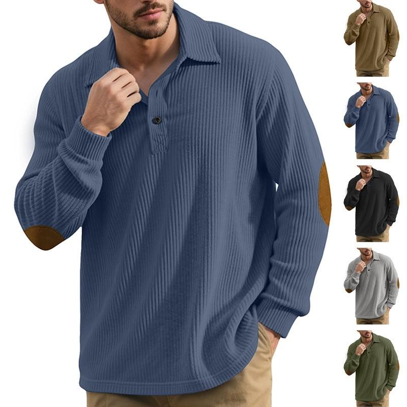 Autumn Winter Men Waffle Rib Knit Polo Shirts Contrast Suede Elbow Patches Lapel Collar Button Placket Vintage Long Sleeve Corduroy Textured Tops