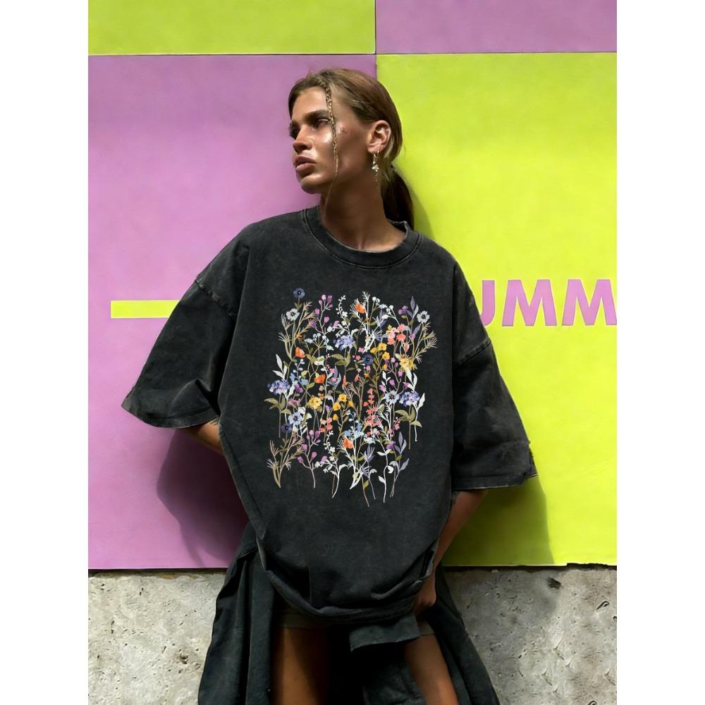 

A Beautiful Sea Of Flowers Print Washed T Shirt Women Cotton Clothes O-Neck Casual T-Shirt Loose Summer Short Sleeves 3XL